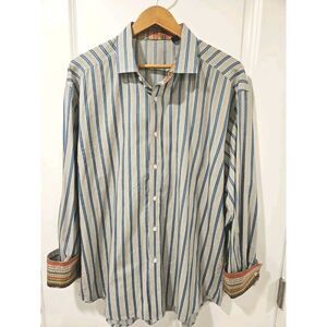 Robert Graham Mens Longsleeve Button Up Shirt Size 2XL Blue Stripe Contast‎ Cuff